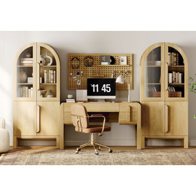 Ensemble de bureau à domicile, bureau de direction moderne de 53,5 po avec station de charge et tiroirs et bibliothèques arquées de 5 pièces de hauteur de 71 po de haut avec porte vitrée pour le salon, la chambre à coucher et le bureau à domicile