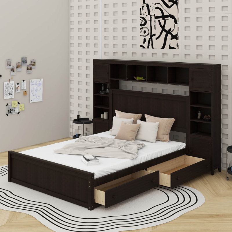 Grand lit en bois avec armoire, tablette et prises tout-en-un, Espresso