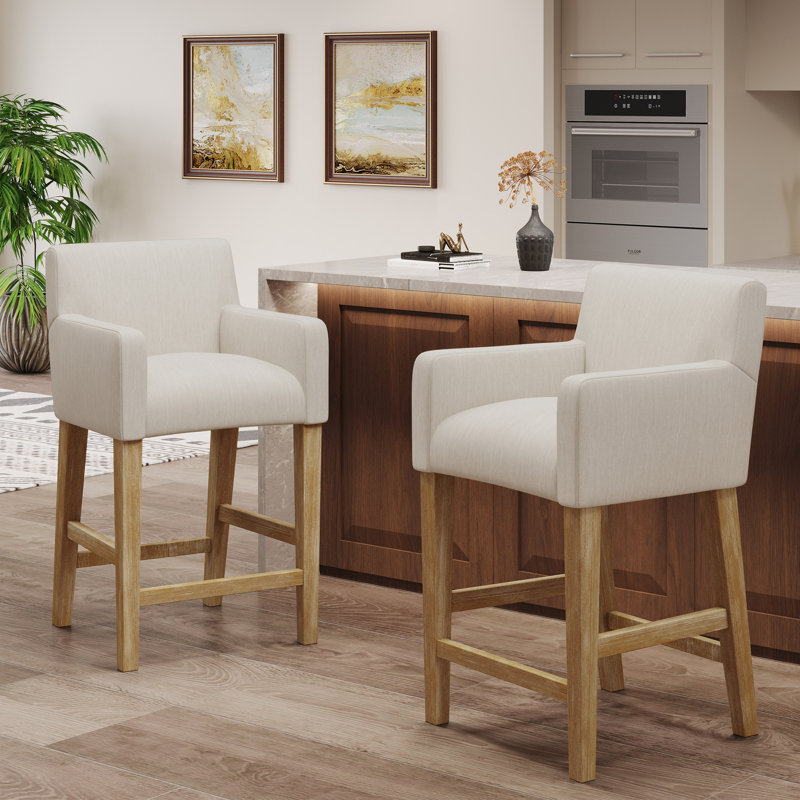 Alighiero Solid Wood Stool, Counter Stool (26" Seat Height), Beige/Weathered Brown, 2
