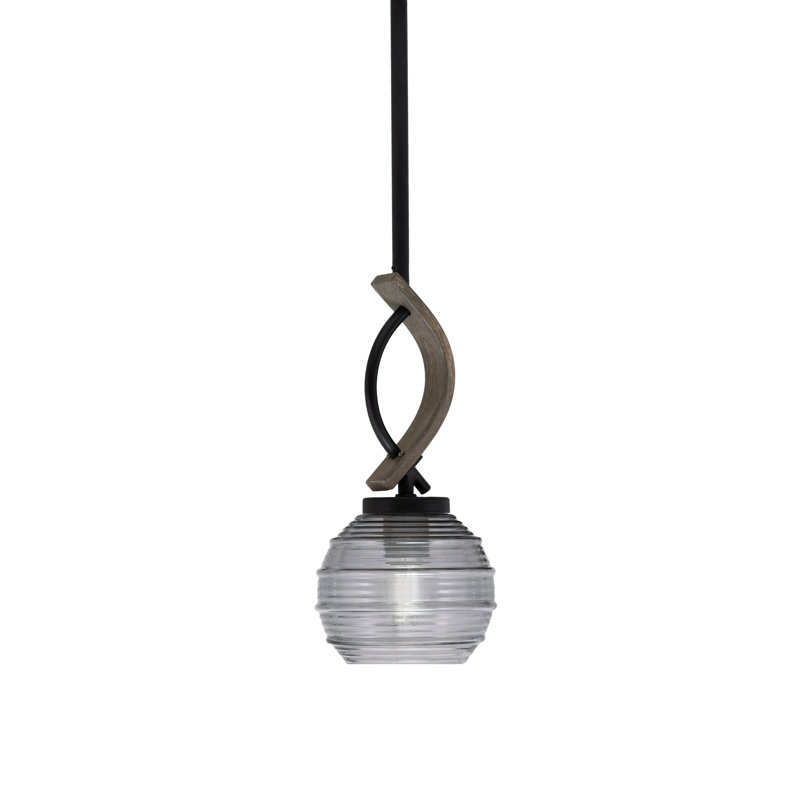 Mini-luminaire suspendu avec tige de verre Hallmann avec verre de 6 po, Fumée nervurée, Noir mat / bois patiné peint