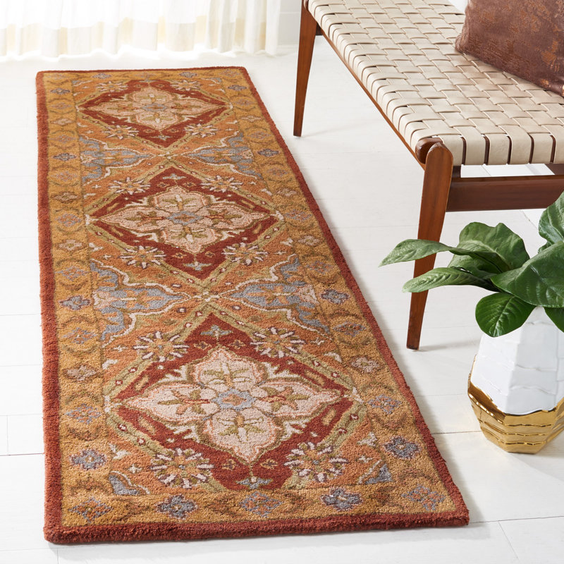 Tapis en laine, coton et latex rouille à motif floral touffeté à la main Ezell, Tapis de couloir 2 pi 3 po x 8 pi