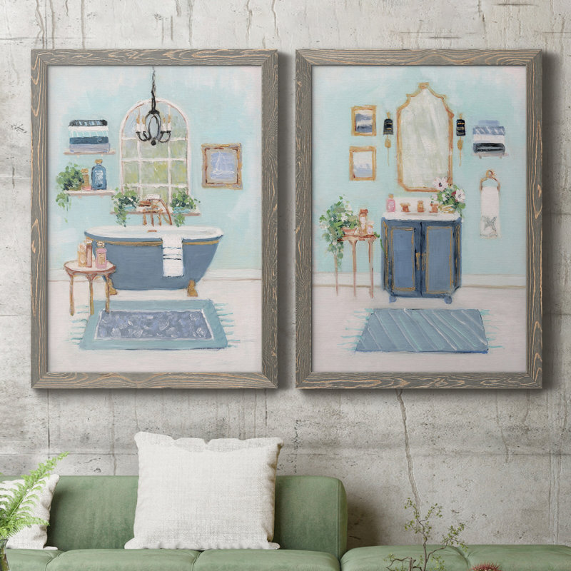 «Blue Bath I», peinture sur toile 2 pièces, Cadre gris, H 24 po x l 20 po x P 1 po