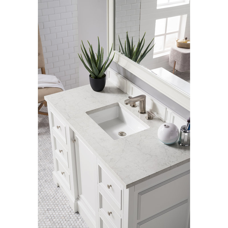 De Soto 48'' W Single Vanity, Bright White, Eternal Jasmine Pearl Quartz, 8" Widespread
