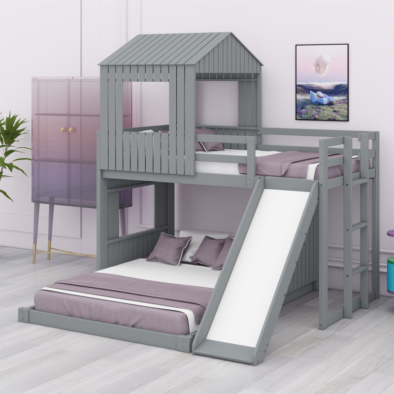 Lit superposé en bois, lit mezzanine avec maisonnette, maison de campagne, échelle, glissade et garde-corps, Gris