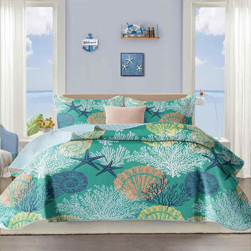 King Size Green Coastal Reversible Microfiber Quilt Set