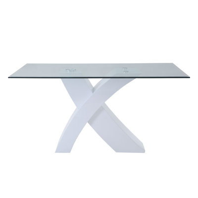 Pervis Clear Glass Top & White High Gloss Finish Dining Table(Not Including Chair)