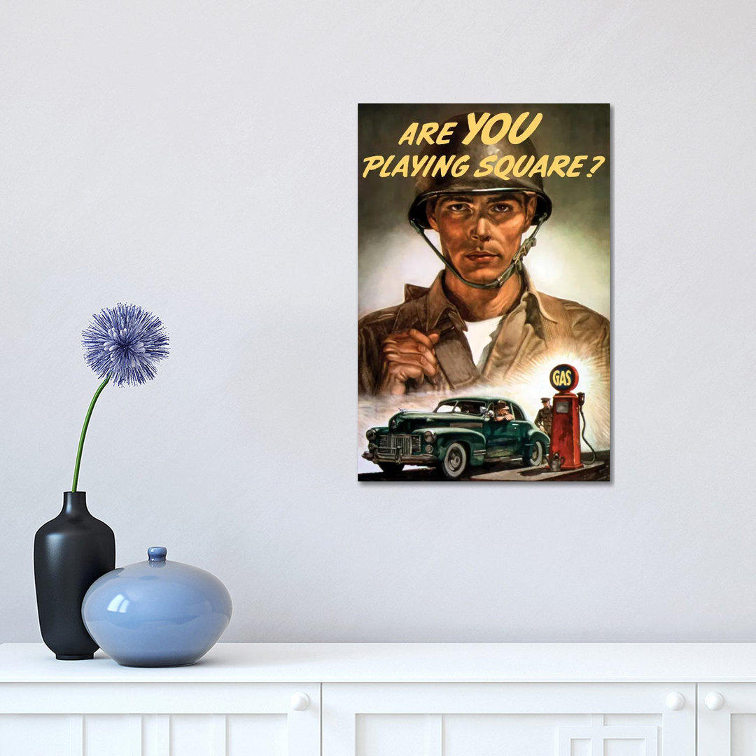 WWII Propaganda Poster Of A Soldier Overlooking A Man At The Gas Pump by Stocktrek Images - Wrapped Canvas Print