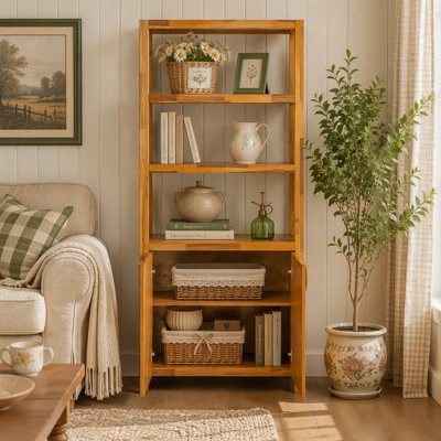 Bibliothèque de 192 cm de haut avec 2 étagères ouvertes et portes doubles, bibliothèque en bois autoportante pour salon, chambre et bureau, couleur naturelle
