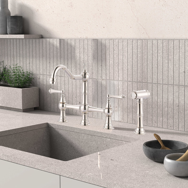 Side Spray Kitchen Faucet, 4-Hole Faucet, 2-Handle Faucet, Vintage Country Kitchen Sink Faucet, Polished Nickel