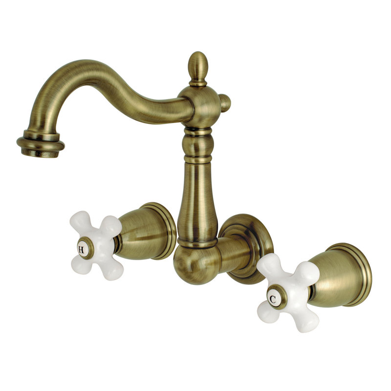 Kingston Brass Heritage Two-Handle 3-Hole Wall Mount Bathroom Faucet, Vintage Brass