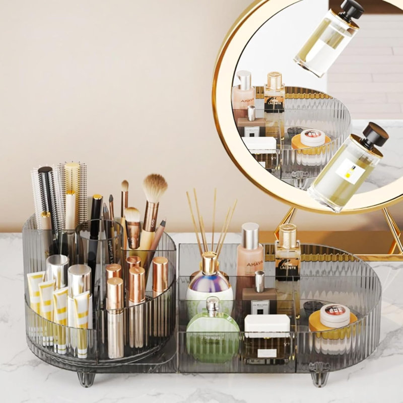 Nouvel organisateur de maquillage rotatif pour coiffeuse avec porte-pinceau, organisateur de rangement pour maquillage cosmétique, organisateur de maquillage de grande capacité