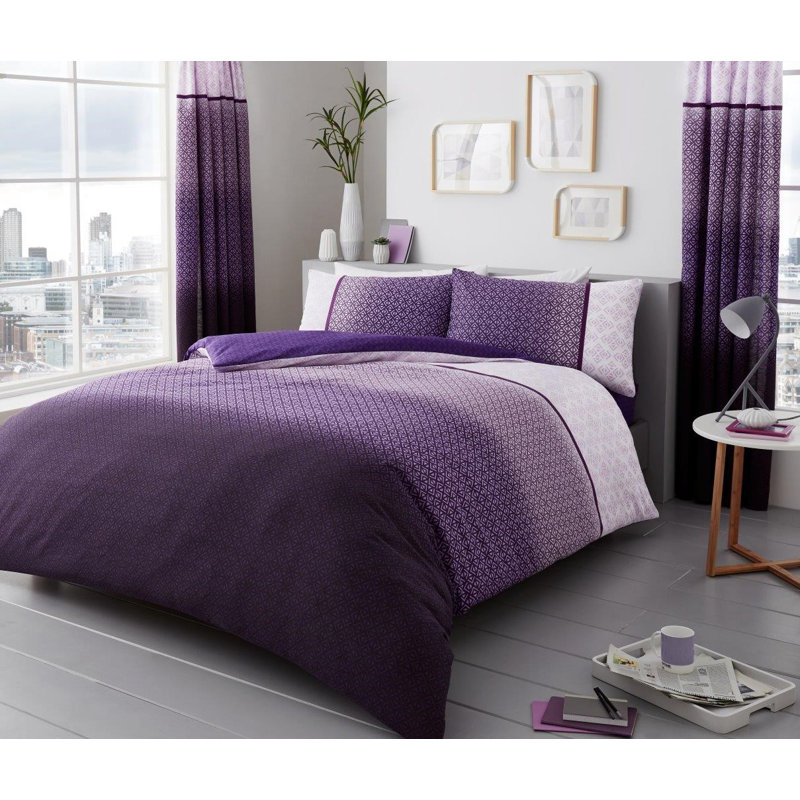 Geometric Polycotton Duvet Cover Set with Matching Pillowcases - Soft, Durable, Comfortable Unisex Bedding, King, Purple