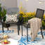 Ensemble repas d'extérieur 7 pièces en acier avec parasol, chaises empilables en métal et plateau de table rectangulaire en bois Alyah