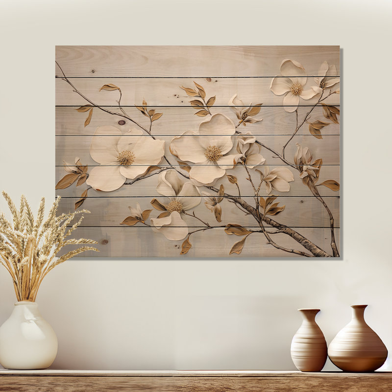 Blanc et doré Dogwood Peacefulness - art mural en bois de cornouiller sur bois de pin naturel, H 10 po x l 20 po