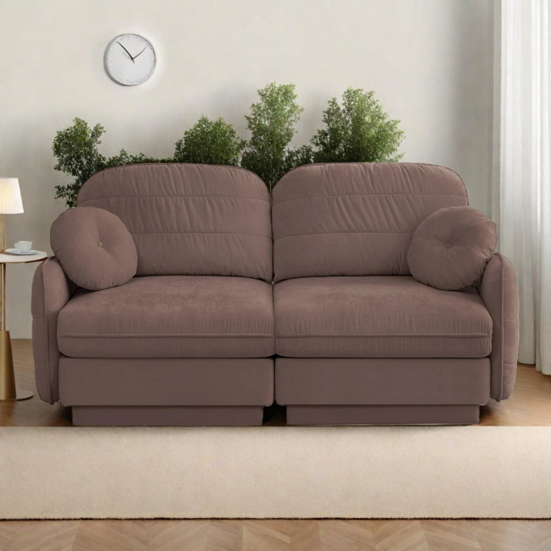 Canapé modulaire en chenille avec coussins ronds, coussins de dossier matelassés et assise profonde Chenille, Rose poussière