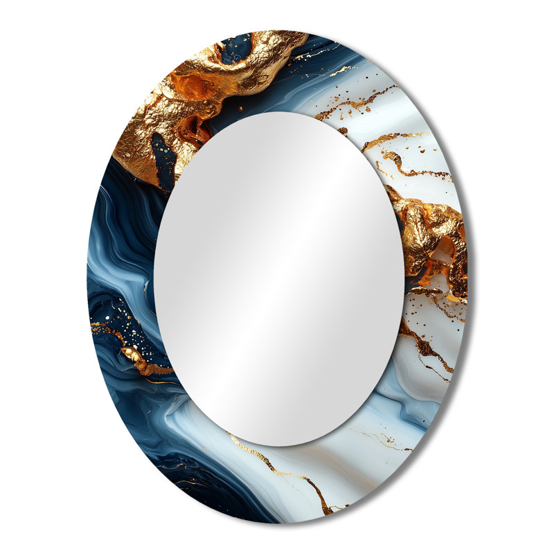 Géode abstraite dorée et bleue forme de marbre III - Miroir décoratif abstrait ovale sur métal, 43 po x 33 po
