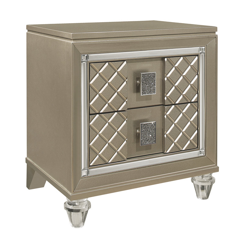 Loy Nightstand, 2 Drawers, Champagne Gold Metallic, Mirror Trim