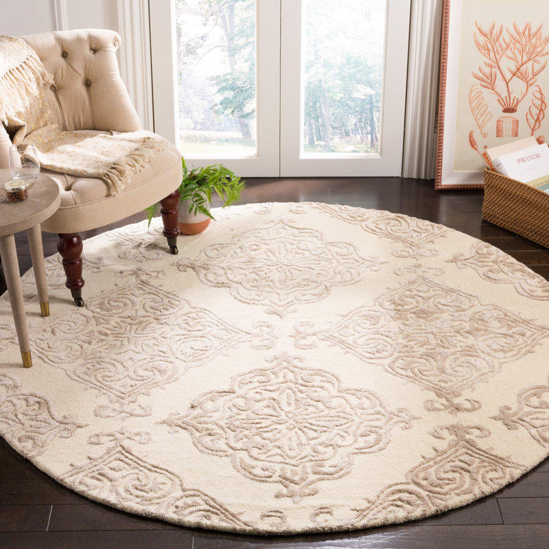 Bernon Hand Tufted Viscose/Wool Damask Rug in Ivory, Round 6'