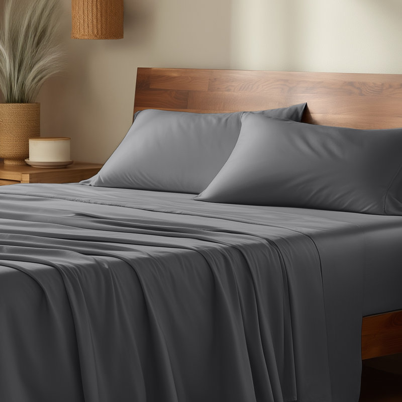 Sheet Set - Rayon from Bamboo, Dark Gray, Split Head Flex King Sheet Set with 2 Pillowcases