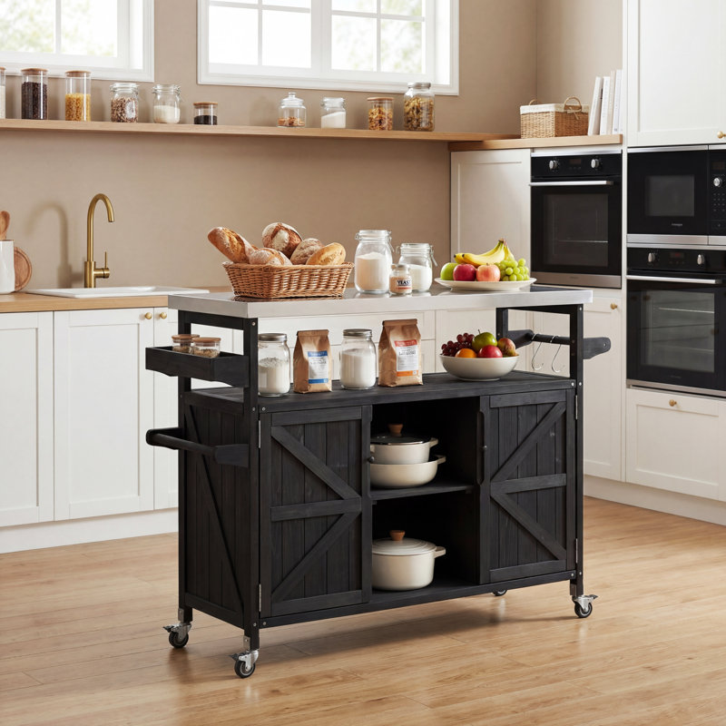 Farmhouse Outdoor Kitchen Island With Stainless Steel Top, Rolling Bar Cart And Spice Storage, Black