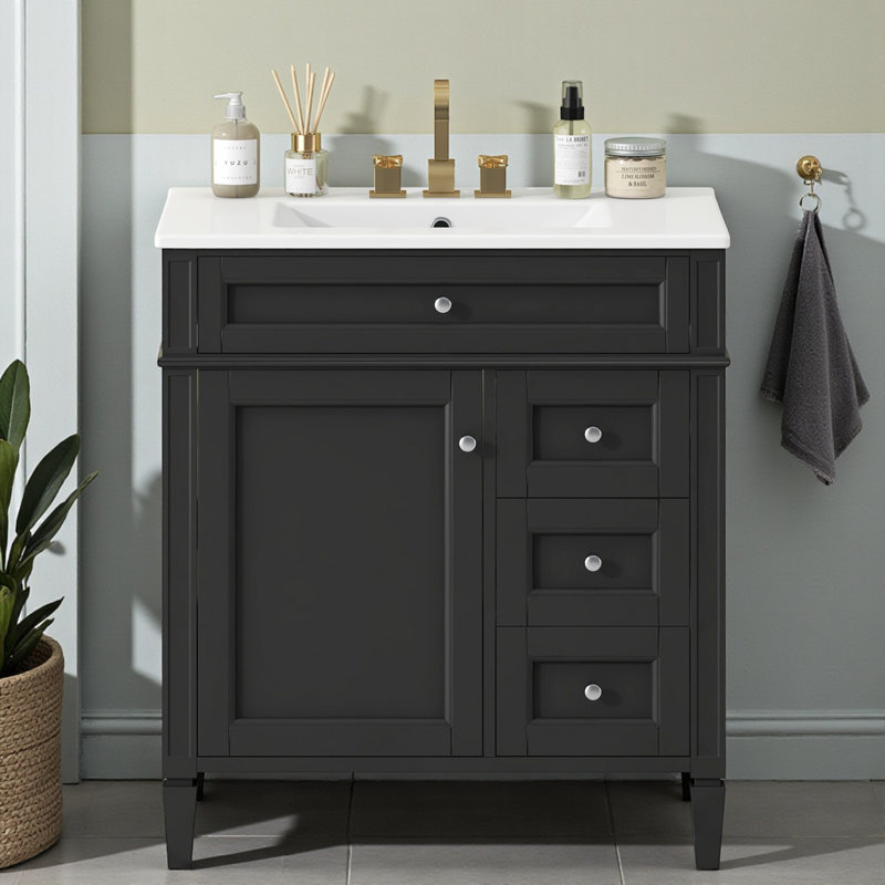Meuble-lavabo simple 30 po avec comptoir en céramique, Noir, noir, noir, noir