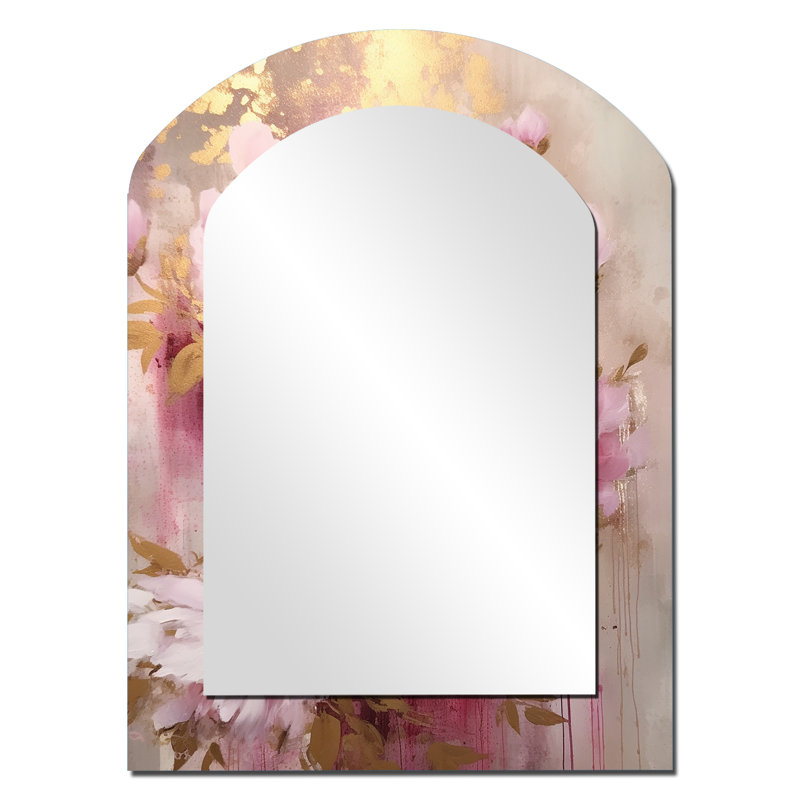 Rose et pivoines dorées dans l'éclat - miroir décoratif asymétrique pivoines, miroir mural arche rose, impression d'art en métal