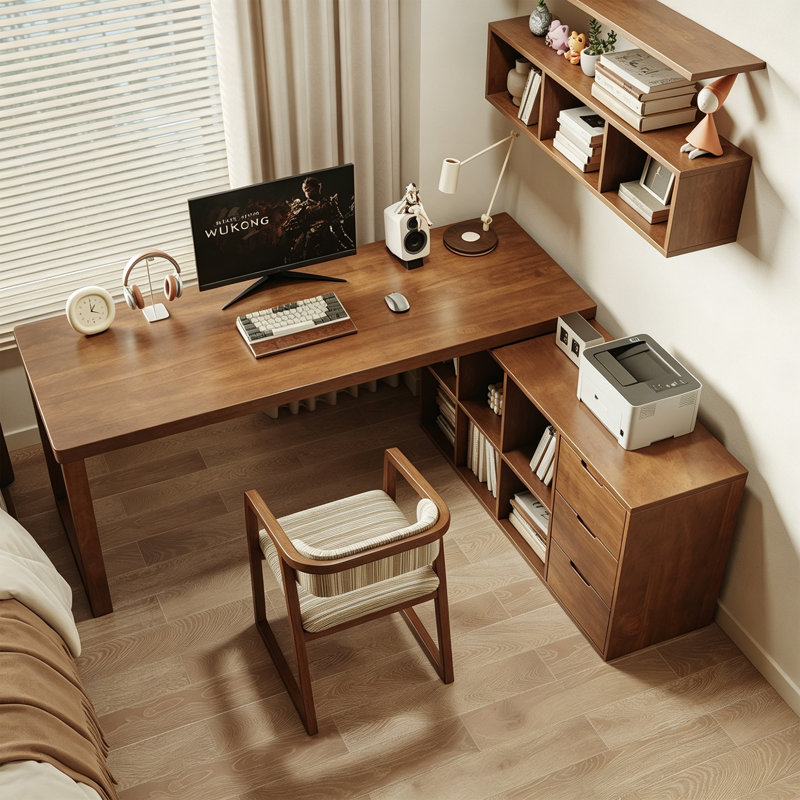Bureau d'écriture moderne en bois massif brun noyer, en forme de L, 29.52" H x 47.24" W x 55.11" D