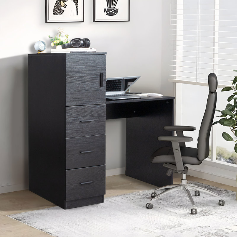 44” Black Office Desk with Cabinet & 3 Drawers Computer Desk Power Outlet and USB Ports, Black