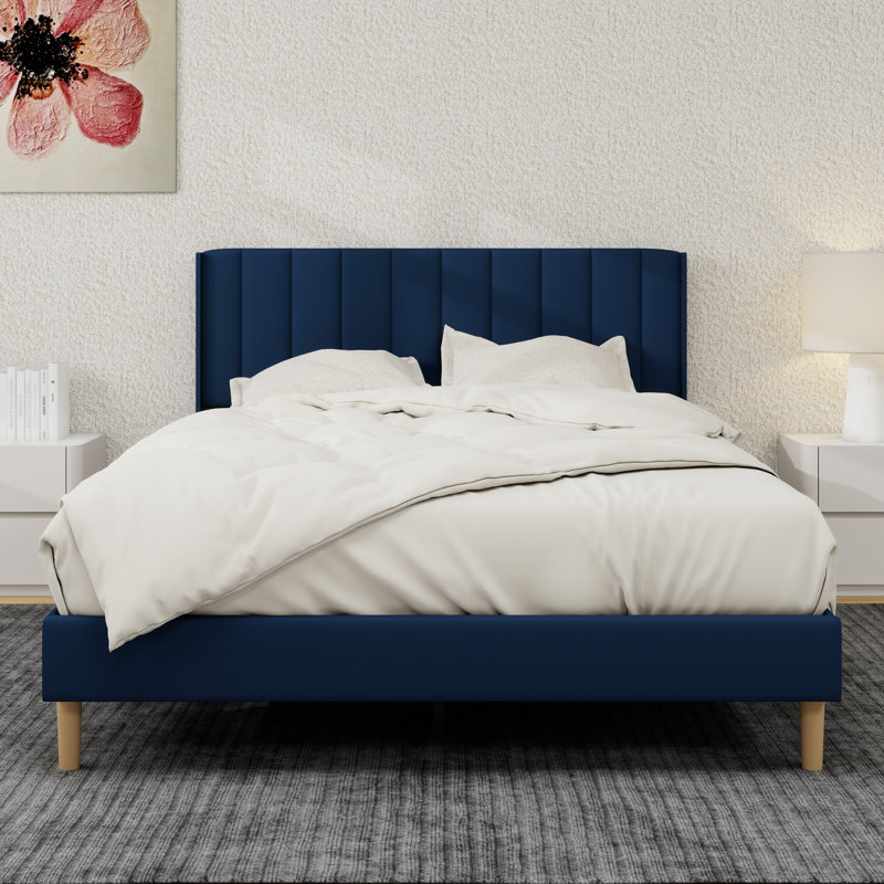 Upholstered Platform Bed Frame, Blue, Queen