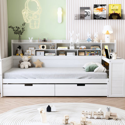 Lit de jour en bois blanc antique avec rangement et bureau efficaces, bureau multifonctionnel simple
