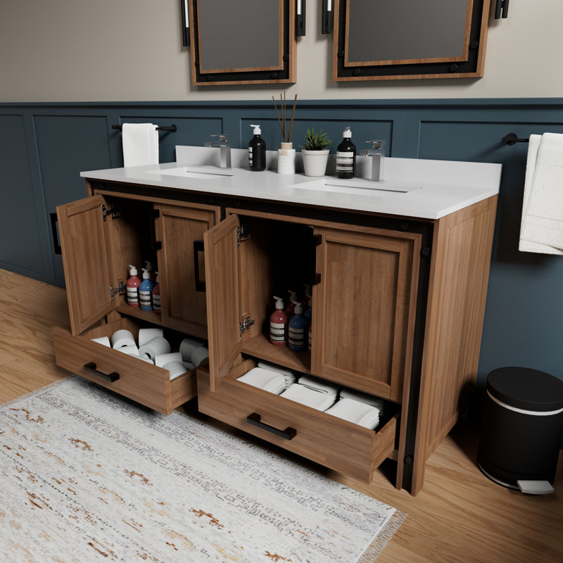 Meuble-lavabo double avec comptoir en quartz blanc, Bois de grange