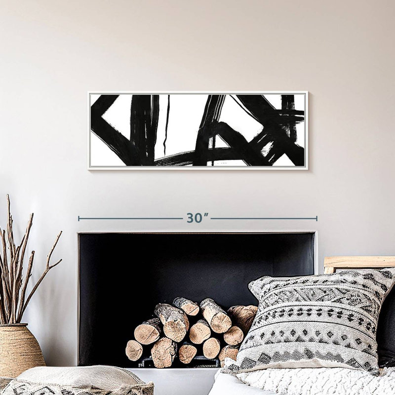 Encre noire stries VII, 28 po x 10 po, Cadre flottant blanc