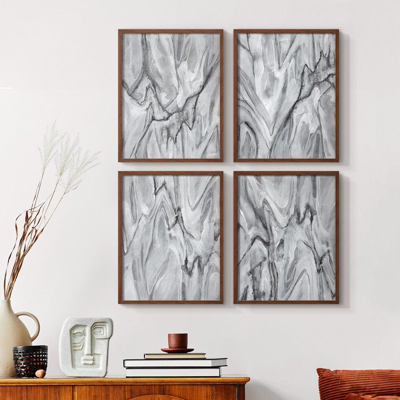 «Black and White Mix I», 4 pièces sur papier, H 14 po x l 44 po, Noir