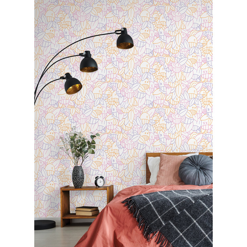 Papier peint adhésif jaune avec arrangements audacieux, Rose / orange
