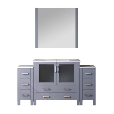 60 po Large meuble-lavabo gris foncé pour salle de bain avec armoires latérales, surface en céramique blanche, miroir de 34 po, fermeture en douceur, 8 tiroirs et 1 espace de rangement intérieur, comptoirs fermés, 1 armoire