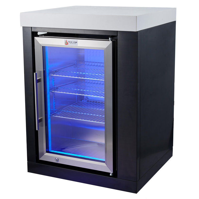 Mont Alpi MASFM-BSS 2.7 Cubic Ft. Black Stainless Steel Outdoor Rated Wine Cooler Lockable Compact Refrigerator Fridge Cabinet Module with Granite Countertop & Blue LED Lighting