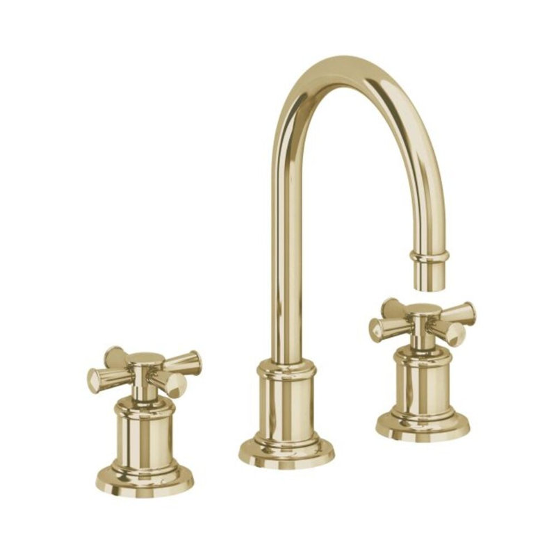 Miramar Widespread Lavatory Faucet with ZeroDrain, Polished Brass, Lever Handle