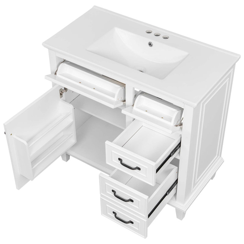 Bathroom Vanity with Ceramic Sink Top, Solid Wood Frame, Flip Drawers, Adjustable Shelf, and Zinc Alloy Handles for Freestanding Storage