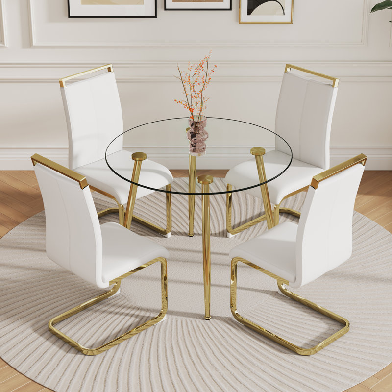 Ahanu Modern Minimalist Round Glass Top Dining Table Set with Metal Legs（Set of 5）, White, Gold