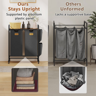 Chariot de tri du linge à roulettes avec plateau en bois, panier à linge à 2/3 compartiments sur roulettes verrouillables, sacs amovibles en tissu Oxford, poches de rangement latérales et étiquettes de tri auto-agrippantes.