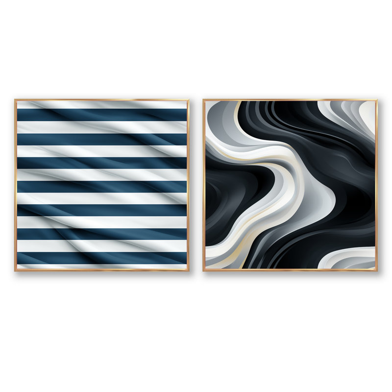 Aymane - Ensemble de 2 collages carrés à formes abstraites, H 16 po x l 33 po, Cadre flottant doré