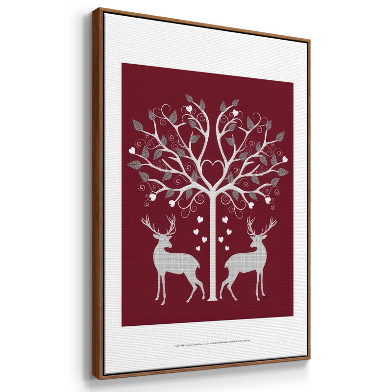 Christmas Des - Deer and Heart Tree, gris sur fond rouge, reproduction sur toile, H 37 po x l 25 po x P 1,5 po, Noyer