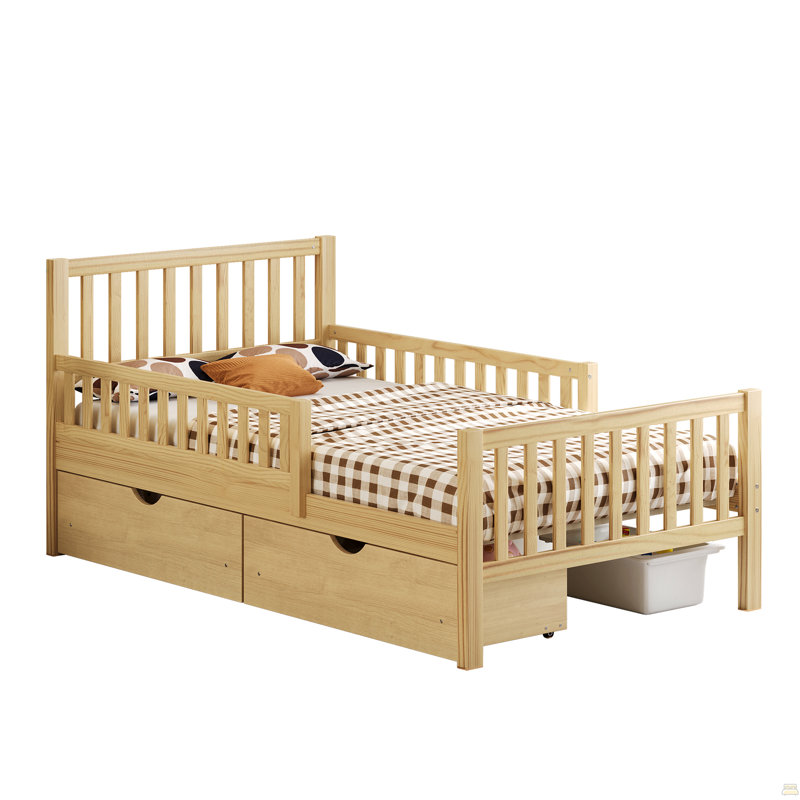Lit plateforme simple en bois avec garde-corps des deux côtés et deux tiroirs de rangement, naturel, Brun