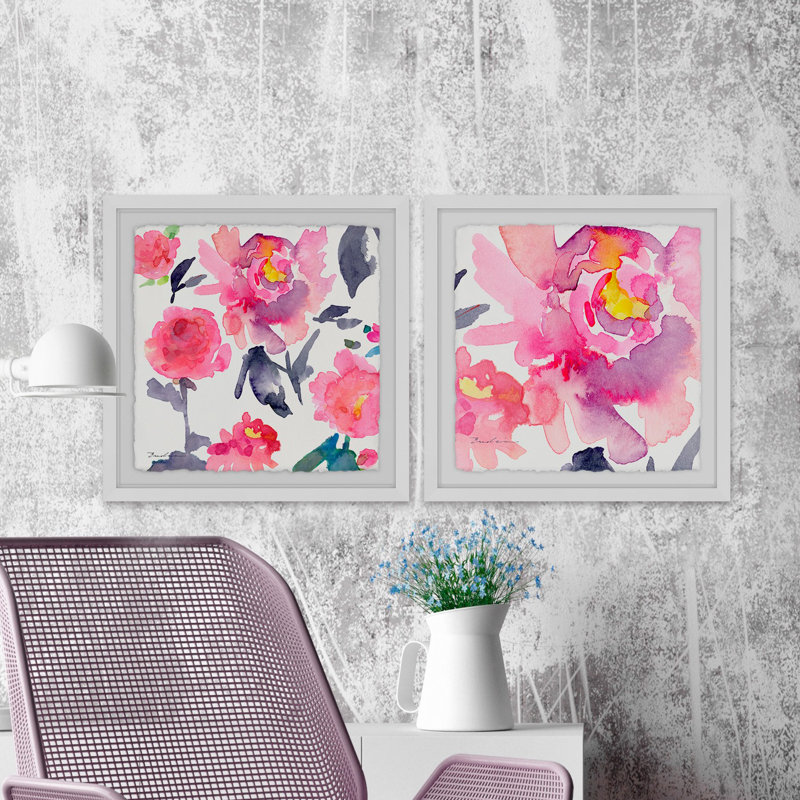 «Pink a Flutter Diptych», ensemble de 2 reproductions de peintures à l'aquarelle encadrées, H 12 po x l 12 po x P 1,5 po