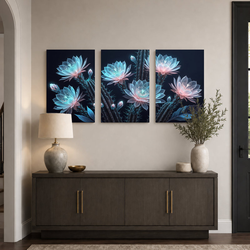 Art mural sur toile de cactus bleu et rose sur fond sombre, H 18 po x l 12 po x 3 pièces