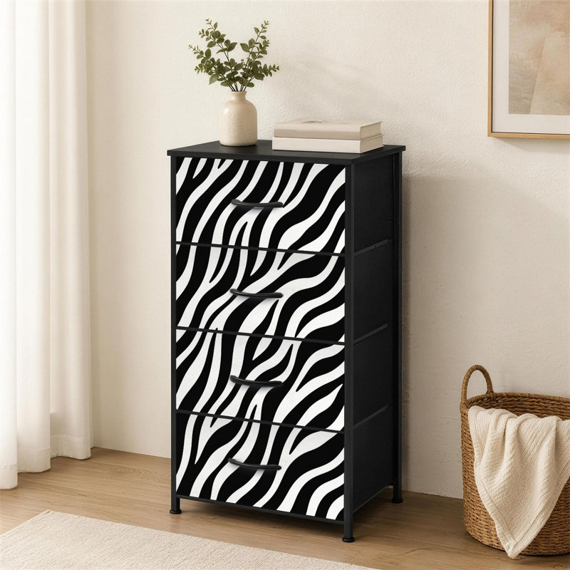 4-Drawer Dresser for Bedroom Black White Zebra Print Bold Stripes Small Tall Clothes Dresser for Closet Organizers with Chest of Drawers Fabric Storage Bins Dressers