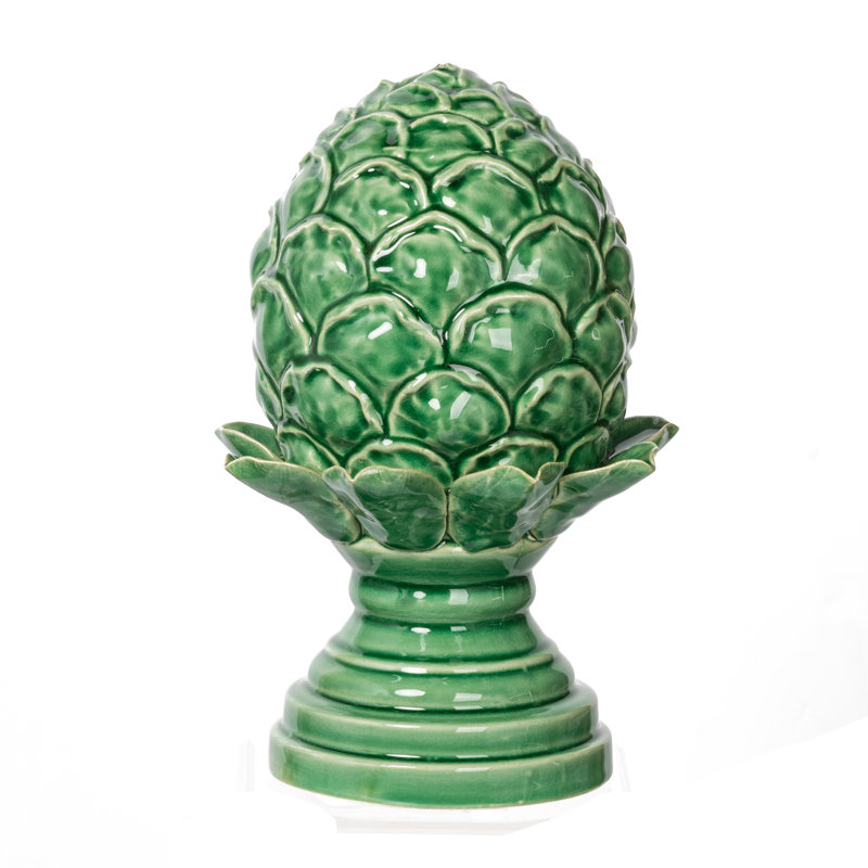 Sculpture artichaut en céramique verte 9 po, statue piédestal décorative pour manteau de cheminée, table, buffet ou centre de table 