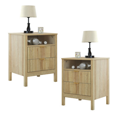 Lagoon Set Of 2 Fluted 2 Drawer Nightstand, Bedside Table With Storage Drawers, Night Stand For Bedroom, End Table Or Side Table For Living Room, 15.7" D X 18.9" W X 24" H, Beige