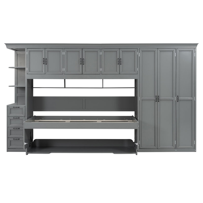 Lit escamotable mural simple Roomfitter avec garde-robe, armoire et bureau pliable, gris, Gris