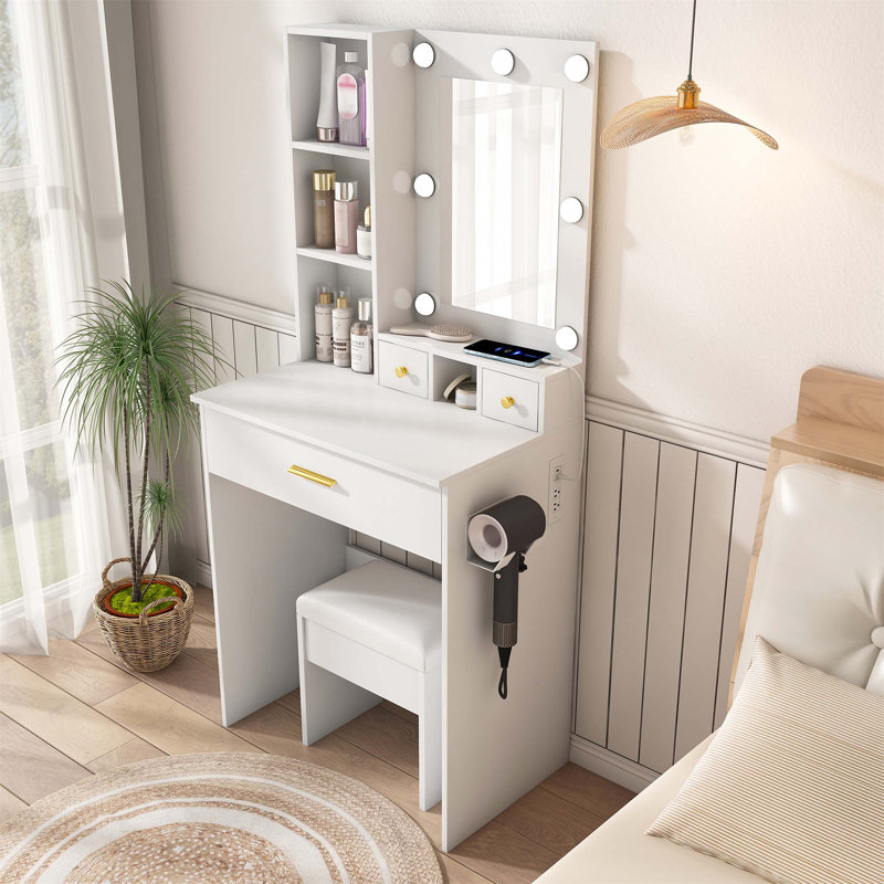 Compact Vanity Table With Mirror, Adjustable LED Lights, Power Outlet, Hairdryer Holder & Stool For Small Bedrooms, White
